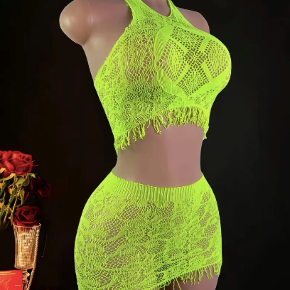 Neon Green 2pc Halter Top & Tassel Skirt Fishnet Dress Cover Up